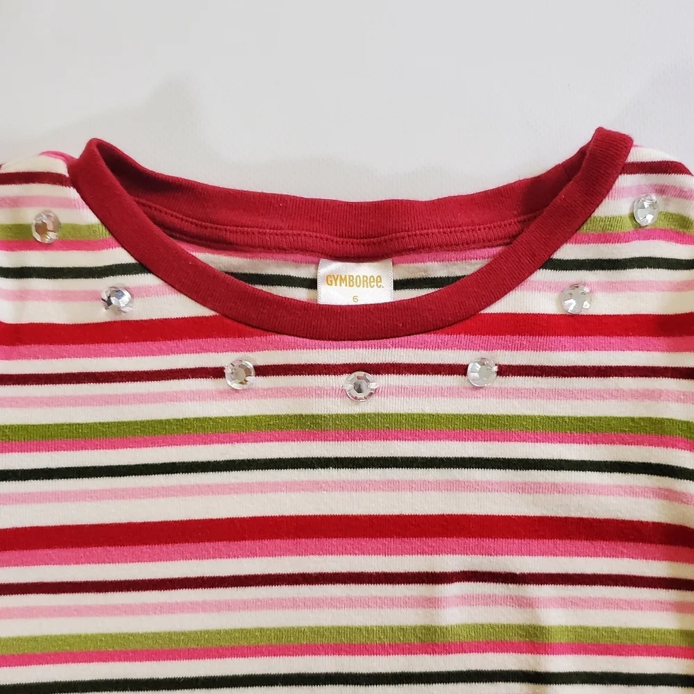 K1378 * Gymboree Cozy Owl Line Girls Striped Tee Burgundy Pink Green Size 6